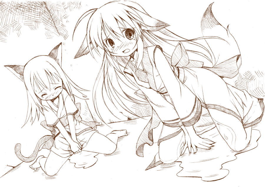 animal_ears artist_request blush brown copyright_request dutch_angle japanese_clothes kimono kneeling monochrome multiple_girls pee peeing peeing_self sitting tail wariza