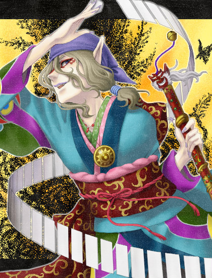 artist_request bandana bell blonde_hair blue_eyes facepaint hair_tie japanese_clothes jewelry jingle_bell kimono kusuriuri_(mononoke) makeup male_focus medallion mononoke necklace obi oekaki ofuda pointy_ears sash sheath sheathed solo sun_(symbol) sword_of_exorcism