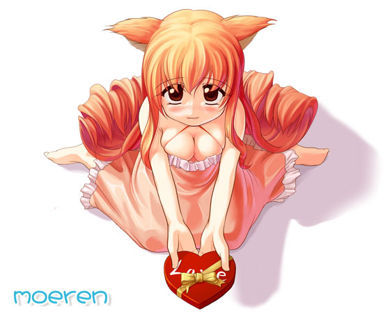 animal_ears artist_request box breasts cleavage copyright_request heart-shaped_box large_breasts red_hair solo valentine