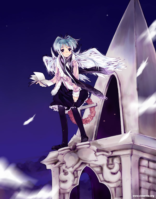blue_hair copyright_request fantasy feathers kurafuji_sachi solo wings