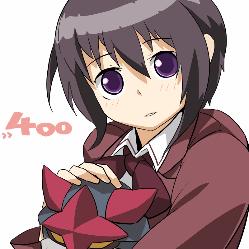 bamboo_blade black_hair blush bow bowtie collar eyebrows_visible_through_hair holding kawazoe_tamaki long_sleeves looking_at_viewer machinery purple_eyes red_bow red_neckwear robot ryman simple_background solo upper_body white_background