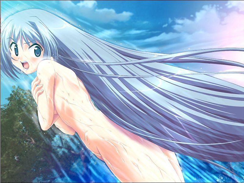 angry ass back blue_eyes blue_hair blush breast_hold breasts cloud covering crossed_arms day dutch_angle embarrassed flat_chest game_cg imanaka_koutarou janice_(kuro_no_utahime) kuro_no_utahime long_hair looking_back nude open_mouth outdoors showering sky solo standing tree very_long_hair wet