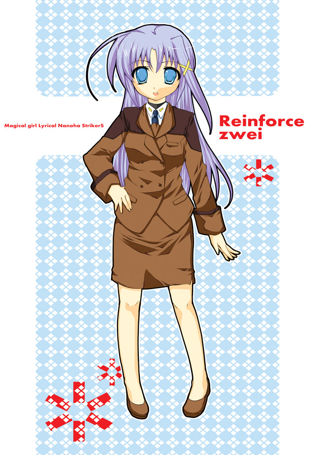 ahoge blush brown_skirt buttons character_name copyright_name formal hair_ornament hand_on_hip long_sleeves looking_at_viewer lyrical_nanoha mahou_shoujo_lyrical_nanoha_strikers military military_uniform pencil_skirt pillarboxed pocket reinforce_zwei skirt solo standing suit text_focus tsab_ground_military_uniform uniform x_hair_ornament yu_yu