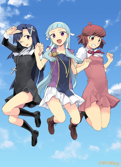 aoba_tsugumi day hair_tubes jumping kannagi multiple_girls nagi official_art pleated_skirt skirt sky white_skirt zange