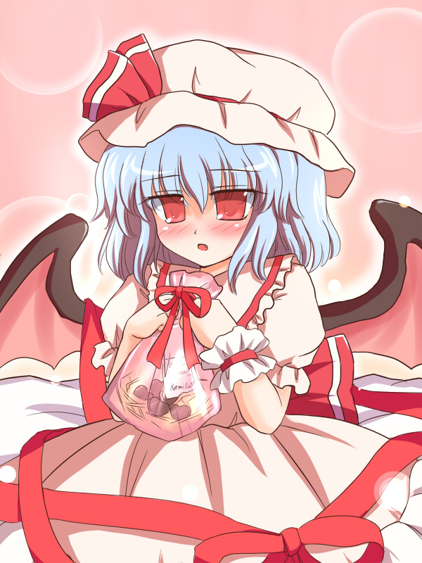 bat_wings blue_hair blush chocolate gift_bag hat red_eyes remilia_scarlet ry solo touhou valentine wings