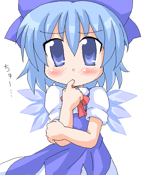 blue_dress blue_eyes blue_hair blush bow cirno dress finger_in_mouth geetsu ice ice_wings oekaki pout short_hair short_sleeves solo touhou white_background wings