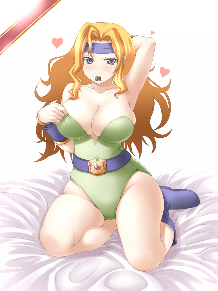 1girl bb blonde_hair blue_eyes blush boots breasts celes_chere chocolate cleavage d_kurouri final_fantasy final_fantasy_vi hairband heart large_breasts long_hair solo valentine