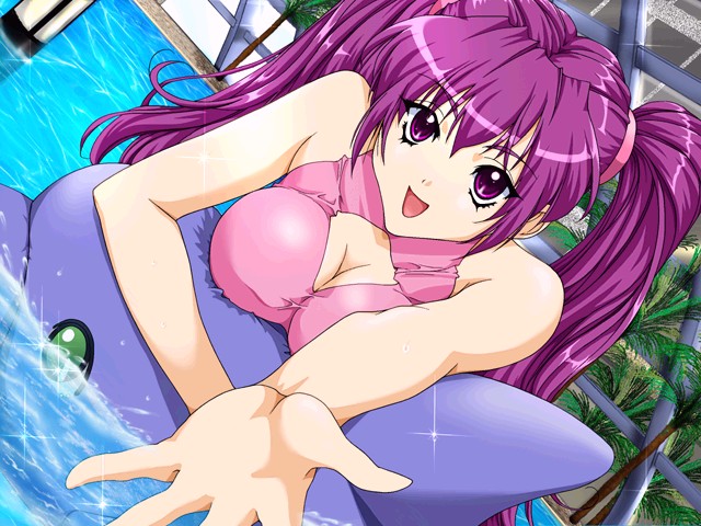 breasts cleavage cleavage_cutout dutch_angle game_cg hands large_breasts lugosi_ela outstretched_arm outstretched_hand purple_eyes purple_hair reaching solo soyokaze_no_uta_~breeze_passed_us_by~ swimsuit twintails water yotsuya_misaki