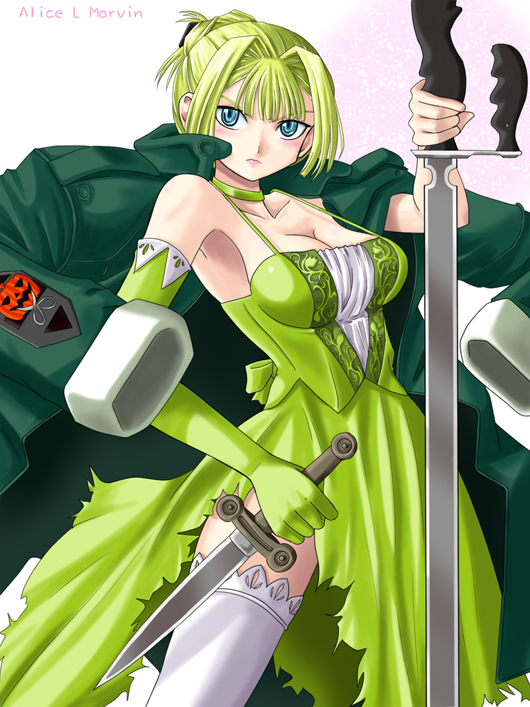 alice_l_malvin blonde_hair blue_eyes breasts character_name cleavage dagger dress elbow_gloves gloves jacket lace lace-trimmed_thighhighs large_breasts legs pumpkin_scissors short_hair side_slit single_elbow_glove single_glove solo sword thighhighs thighs torn_clothes weapon white_legwear