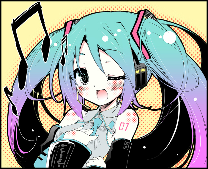 aqua_hair aqua_nails bare_shoulders beamed_eighth_notes beamed_sixteenth_notes blush detached_sleeves eighth_note fang gradient_hair hatsune_miku headphones kamiya_yuu long_hair multicolored_hair musical_note nail_polish necktie one_eye_closed open_mouth solo twintails vocaloid