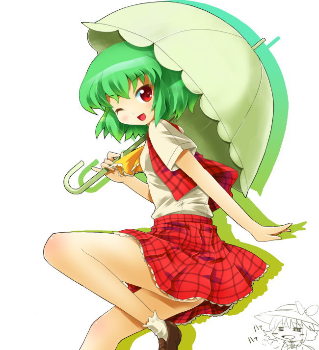 ascot breath chibi chibi_inset elly green_hair heavy_breathing kazami_yuuka looking_at_viewer michii_yuuki multiple_girls one_eye_closed parasol plaid plaid_skirt plaid_vest red_eyes short_hair skirt skirt_set touhou touhou_(pc-98) umbrella vest white_background