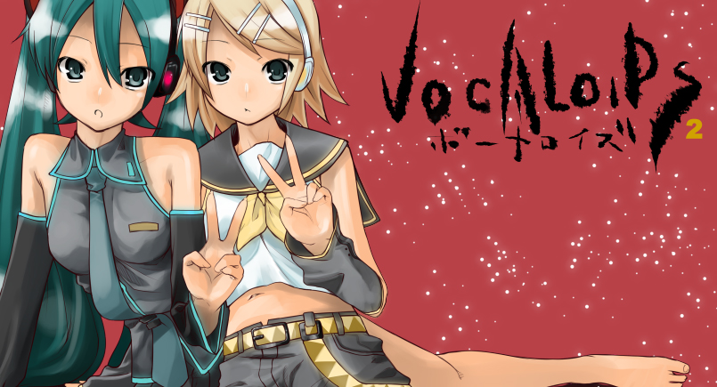 barefoot blonde_hair green_hair hatsune_miku kagamine_rin long_hair midriff multiple_girls short_hair twintails v vocaloid yada_ei