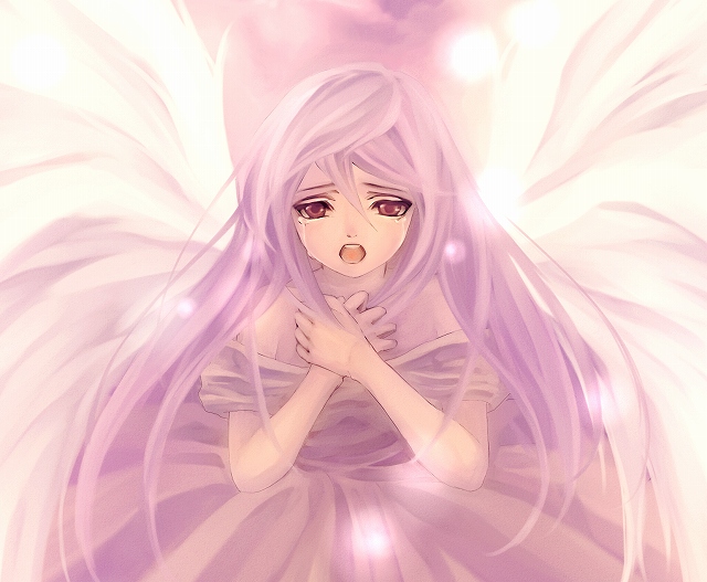 copyright_request feathers long_hair purple_hair red_eyes solo tears wings yukise_miyu