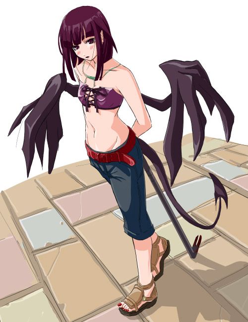 artist_request bandeau copyright_request crowbar demon_girl midriff nail_polish purple_hair red_eyes red_nails sandals solo strapless tail tubetop wings