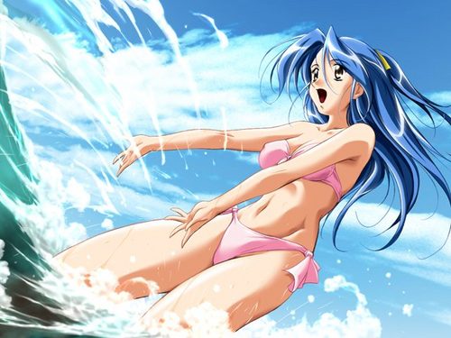 :d ameiro_no_kisetsu armpits bandeau bikini blue_hair breasts brown_eyes cleavage cloud covered_nipples day dutch_angle floating_hair from_side front-tie_top game_cg hair_ribbon happy long_hair looking_afar lowres medium_breasts navel ocean one_side_up open_mouth outdoors outstretched_arms pink_bikini ribbon shiny shiny_hair side-tie_bikini sky smile solo standing swimsuit wading water wide_hips yagami_yuuko yamane_masahiro