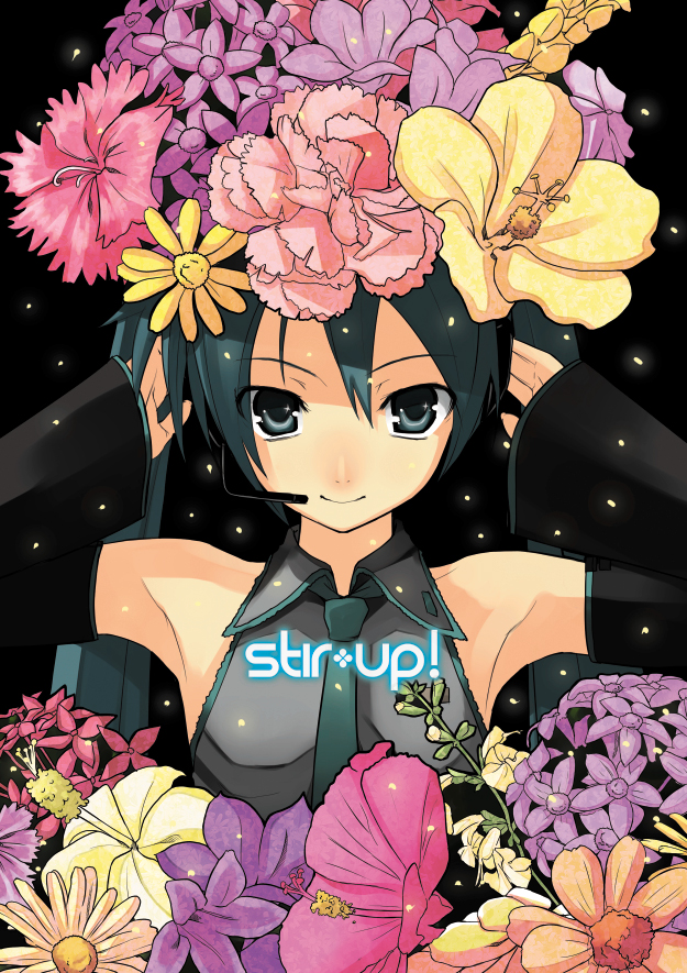 armpits arms_up carnation detached_sleeves flower green_eyes green_hair hair_flower hair_ornament hands_on_headphones hatsune_miku headset hibiscus long_hair smile solo twintails upper_body vocaloid yada_ei