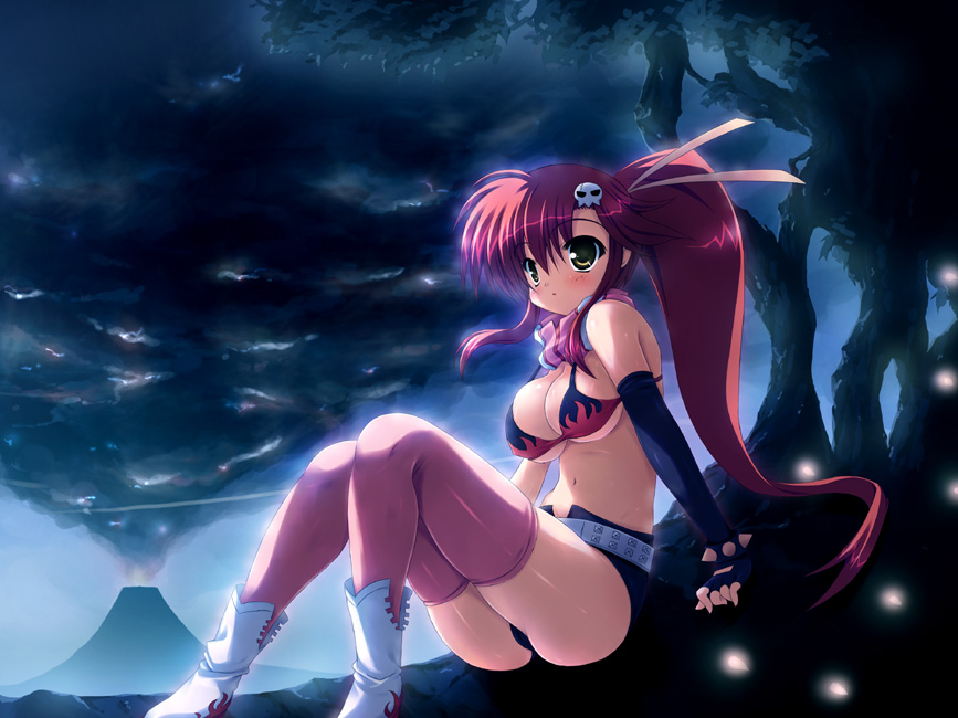 bikini_top breasts cleavage large_breasts long_hair ponytail red_hair sitting solo takeponi tengen_toppa_gurren_lagann thighhighs yoko_littner