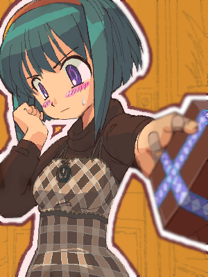 artist_request bandaid bandaid_on_finger blurry blush copyright_request depth_of_field green_hair hairband long_sleeves lowres oekaki outline outstretched_arm plaid purple_eyes short_hair solo tsundere turtleneck valentine