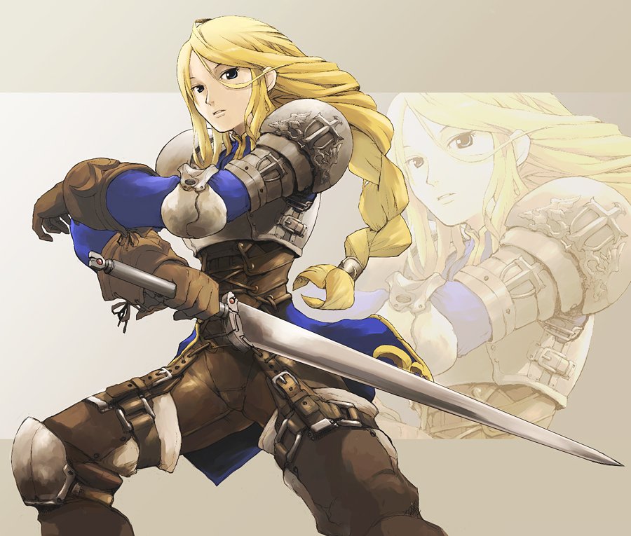 agrias_oaks armor belt blonde_hair blue_eyes braid breastplate brown_gloves elbow_pads feet_out_of_frame final_fantasy final_fantasy_tactics gloves hair_between_eyes hair_tubes holding holding_sword holding_weapon knee_pads legs_apart long_hair long_sleeves looking_at_viewer parted_lips pauldrons pota_(nabrinko) sidelocks single_braid sleeve_cuffs solo standing sword unsheathed very_long_hair weapon zoom_layer