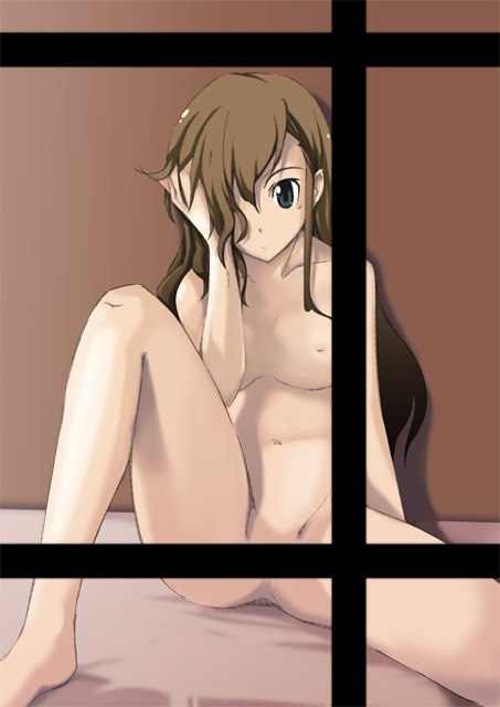 artist_request blue_eyes breasts brown_hair censored convenient_censoring copyright_request long_hair medium_breasts nude solo