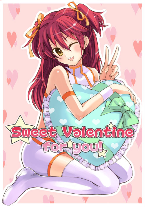 blush bow freckles frilled_pillow frills gundam gundam_00 heart heart_pillow nena_trinity one_eye_closed otabe_sakura pillow red_hair solo thighhighs two_side_up v valentine yellow_eyes zettai_ryouiki