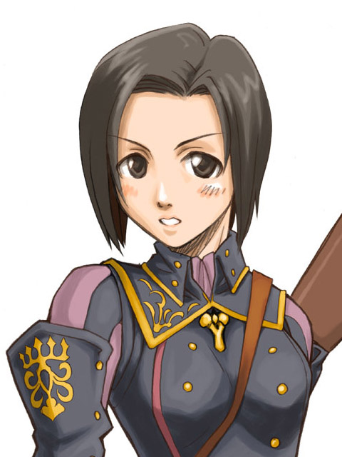blush brown_eyes brown_hair clenched_teeth emblem final_fantasy final_fantasy_xi hume lips long_sleeves looking_at_viewer military military_uniform parted_lips short_hair simple_background solo teeth uniform upper_body white_background