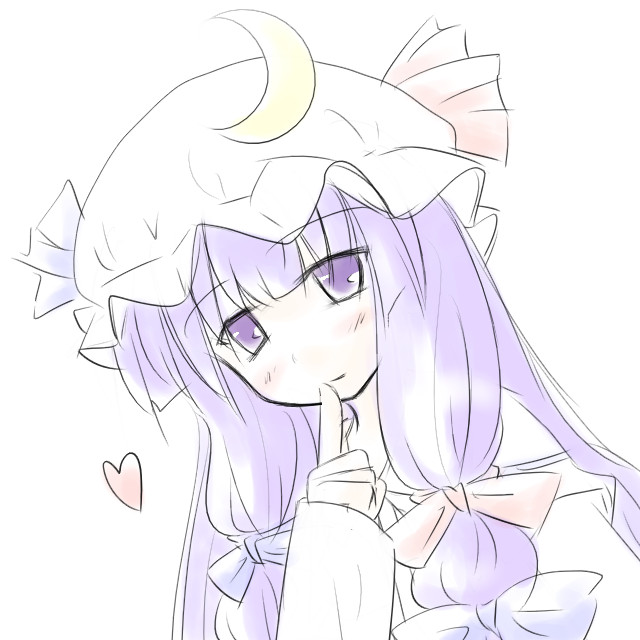 blue_bow blush bow crescent finger_to_mouth hair_bow hat heart index_finger_raised long_sleeves mob_cap multi-tied_hair natsuki_(silent_selena) patchouli_knowledge red_bow shushing simple_background sketch solo touhou upper_body white_background