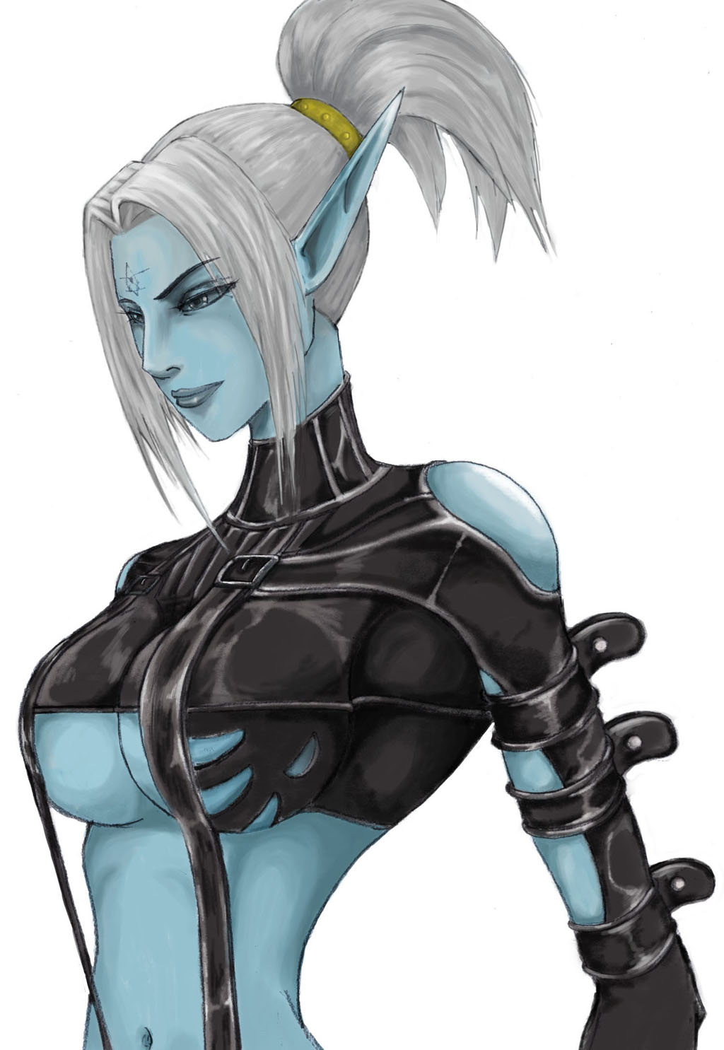 #1 blue_skin breasts dark_elf elf highres lineage pointy_ears tattoo underboob
