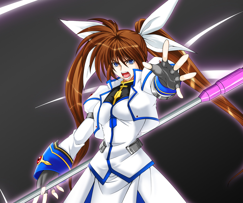 :d artist_request black_gloves brooch collar cowboy_shot dress fingerless_gloves gem gloves jacket jewelry long_hair looking_at_viewer lyrical_nanoha magical_girl mahou_shoujo_lyrical_nanoha_strikers open_clothes open_jacket open_mouth outstretched_arm purple_eyes raising_heart red_hair smile solo standing takamachi_nanoha twintails uniform v-shaped_eyebrows very_long_hair white_devil white_dress