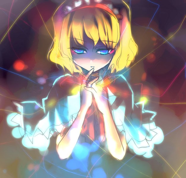 alice_margatroid blonde_hair blue_eyes dress hairband open_mouth queen_qko ribbon solo touhou