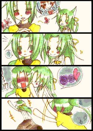 4koma artist_request comic green_hair higurashi_no_naku_koro_ni kiss lowres multiple_girls siblings silent_comic sisters sonozaki_mion sonozaki_shion twins yuri
