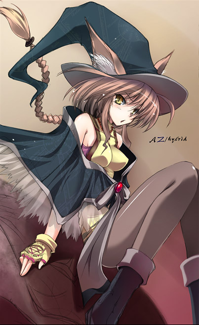 animal_ears artist_name black_legwear blonde_hair boots braid breasts cat_ears ears_through_headwear fantasy fingerless_gloves gloves hat long_hair looking_at_viewer medium_breasts original pantyhose sitting solo witch_hat won_(az_hybrid) yellow_eyes