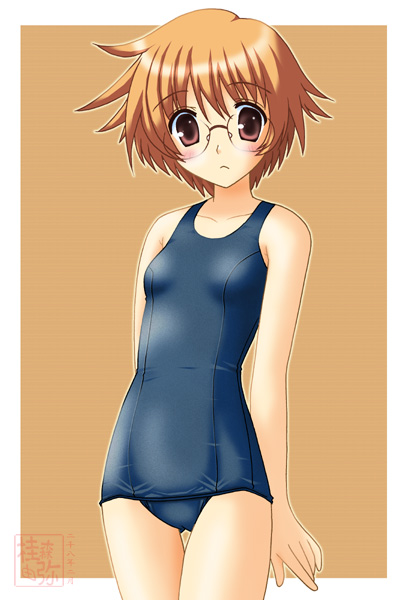 arms_behind_back ass_visible_through_thighs bangs blue_swimsuit blush breasts brown_background cameltoe closed_mouth collarbone cowboy_shot embarrassed eyebrows_visible_through_hair frown glasses legs_together looking_at_viewer neopure nose_pads old_school_swimsuit one-piece_swimsuit orange_hair outline outside_border pink_eyes rimless_eyewear round_eyewear school_swimsuit short_hair signature simple_background small_breasts solo standing swimsuit to_heart_2 yamada_michiru