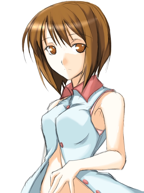 bare_shoulders blue_jacket breasts brown_eyes brown_hair buttons closed_mouth expressionless hagiwara_yukiho idolmaster idolmaster_(classic) idolmaster_1 jacket looking_at_viewer medium_breasts midriff navel ribi simple_background solo stomach unbuttoned upper_body white_background