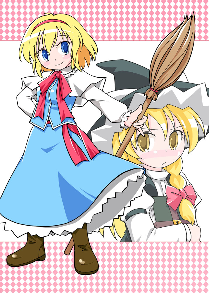 alice_margatroid belt blonde_hair blue_dress blue_eyes boots bow bowtie braid broom brown_eyes brown_footwear capelet closed_mouth dress frills full_body hat kirisame_marisa knee_boots long_sleeves looking_at_viewer multiple_girls red_bow red_neckwear shaomin single_braid smile standing touhou vest witch_hat