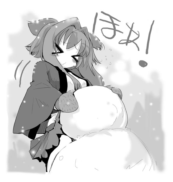 &gt;_&lt; closed_eyes copyright_request greyscale mittens monochrome snowman solo translated usoneko