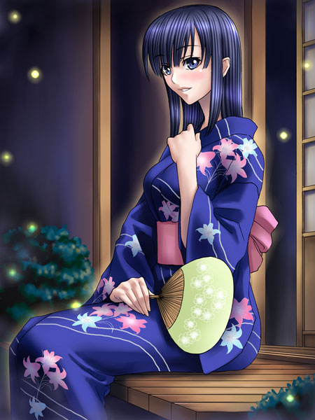 blue_eyes blue_hair blue_kimono fan fireflies japanese_clothes kagami_hirotaka kimono original paper_fan shouji sliding_doors solo uchiwa veranda yukata