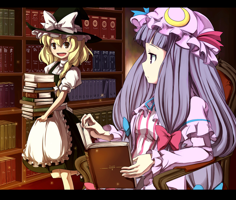 blonde_hair book book_stack bow carrying kirisame_marisa library mishima_hiroji multiple_girls patchouli_knowledge pink_bow touhou voile