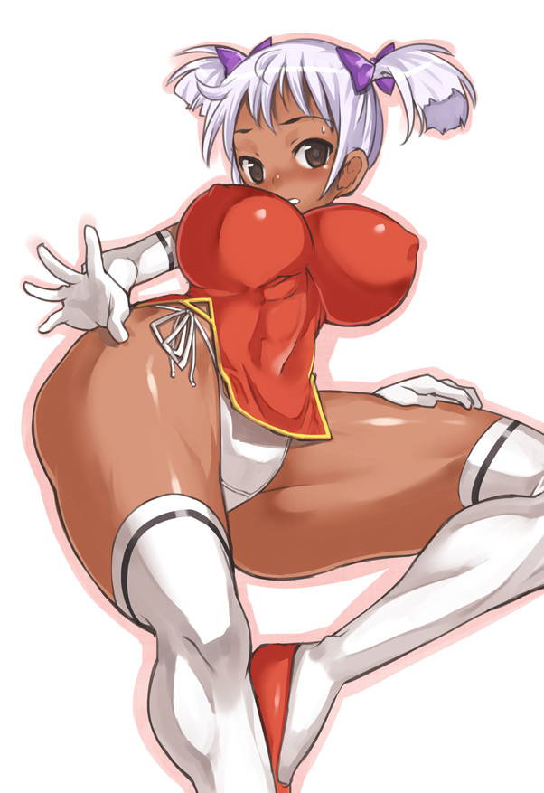 bad_anatomy bare_shoulders blush breasts brown_eyes china_dress chinese_clothes covered_nipples dark_skin dress embarrassed from_below huge_breasts looking_at_viewer nagase_haruhito original panties solo thighhighs tight twintails underwear white_hair white_legwear