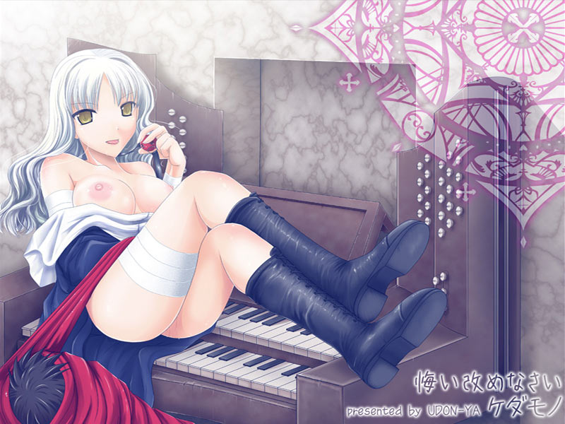 :p ass bandages bangs bare_shoulders black_legwear boots breasts caren_hortensia crossed_legs dress dress_lift dress_pull fate/hollow_ataraxia fate/stay_night fate_(series) habit holding instrument kizuki_aruchu knee_boots large_breasts legs long_hair looking_at_viewer naughty_face nipples no_bra nun parted_bangs piano pipe_organ puffy_nipples reclining shroud_of_magdalene sitting solo thighs tongue tongue_out wavy_hair white_hair yellow_eyes