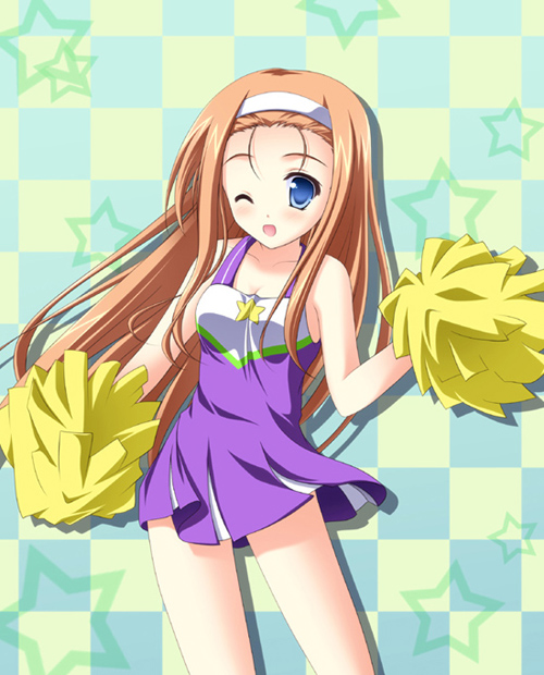 ;d blue_eyes blush checkered checkered_background cheerleader collarbone contrapposto dancing dress hairband holding looking_at_viewer lucky_star minegishi_ayano one_eye_closed open_mouth orange_hair pom_poms purple_dress simple_background sleeveless sleeveless_dress smile solo sportswear standing tsuda_akira