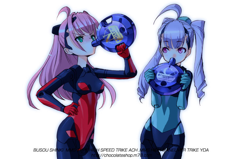 ach blue_bodysuit bodysuit busou_shinki choco doll_joints drinking jelly_can multiple_girls pink_hair purple_hair twintails yda