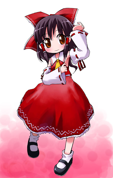 blush bow brown_eyes brown_hair cravat detached_sleeves frown hair_tubes hakurei_reimu hat hat_bow long_hair long_sleeves mary_janes red_bow ribbon-trimmed_sleeves ribbon_trim shoes socks solo touhou wavy_mouth white_legwear