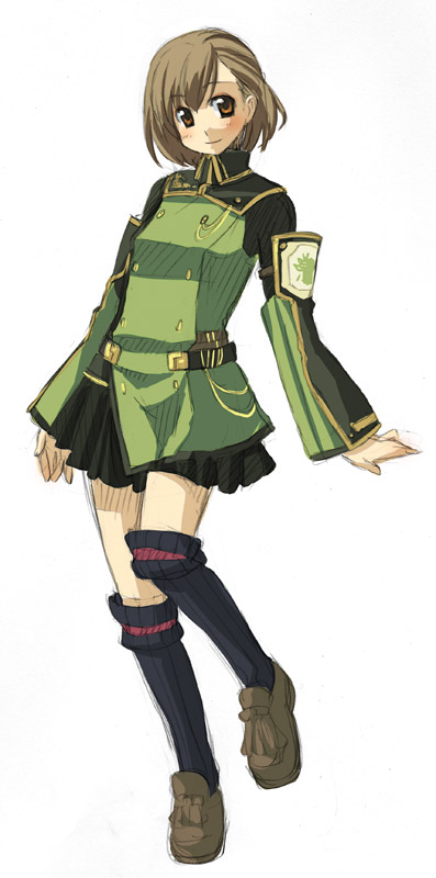 arms_at_sides belt black_legwear black_skirt blush breasts brown_eyes brown_footwear brown_hair buttons dress final_fantasy final_fantasy_xi full_body green_dress hume loafers long_sleeves looking_at_viewer medium_breasts naruse_chisato shoes short_hair simple_background skirt smile solo standing standing_on_one_leg white_background