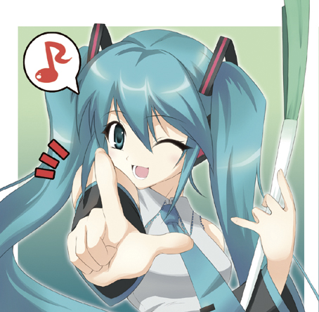 aqua_eyes aqua_hair aqua_neckwear eighth_note foreshortening hatsune_miku ishigami_kazui long_hair lowres musical_note necktie one_eye_closed open_mouth pointing simple_background smile solo speech_bubble spoken_musical_note spring_onion twintails upper_body vocaloid