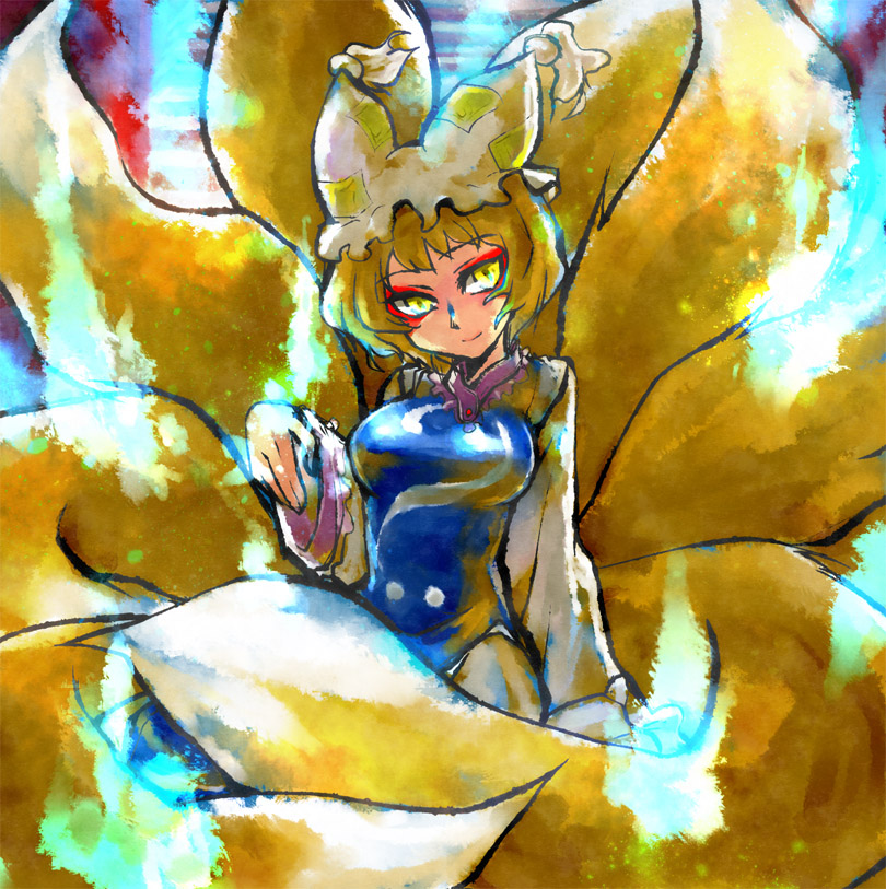 blonde_hair breasts dress fox_tail hat large_breasts long_sleeves multiple_tails pillow_hat queen_qko short_hair smile solo tail tassel touhou wide_sleeves yakumo_ran yellow_eyes