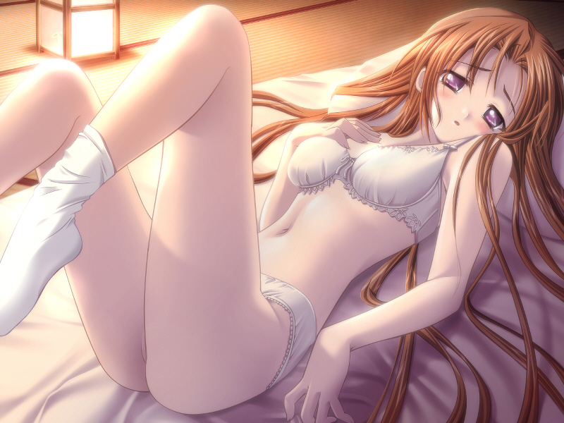 blush bra brown_hair game_cg lantern legs_up lingerie long_hair long_legs lying masaharu non-web_source on_back panties purple_eyes sakakibara_kukuri socks solo stomach tokidoki_sugar underwear underwear_only white_panties