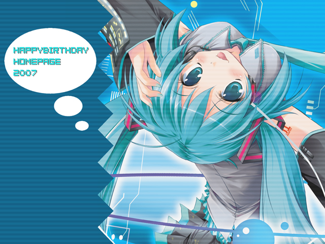 2007 :p ahoge aqua_hair arm_up back black_skirt blue_background collared_shirt detached_sleeves from_above from_behind grey_shirt hair_ornament happy_birthday happy_birthday_(artist) hatsune_miku headphones headset long_hair looking_at_viewer microphone miniskirt necktie number pleated_skirt shirt simple_background skirt solo striped striped_background tattoo thought_bubble tongue tongue_out twintails upper_body upside-down vocaloid