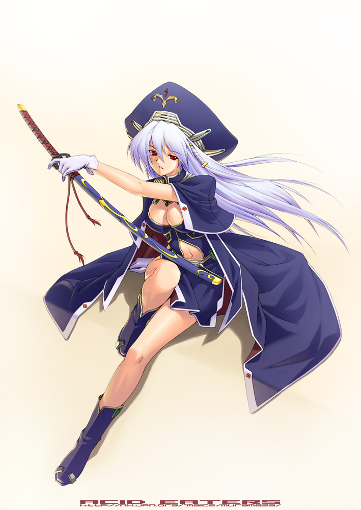 blue_hair boots breasts cleavage copyright_request gloves gradient gradient_background hat katana kazuma_muramasa large_breasts legs long_hair looking_at_viewer midriff navel red_eyes sitting solo sword thighs weapon yellow_background