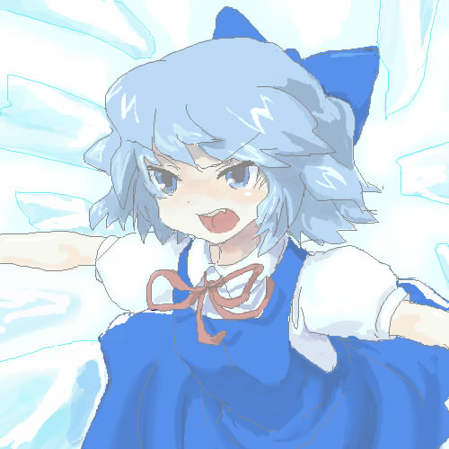 angry blue_eyes blue_hair bow cirno jpeg_artifacts lowres nannaru_(nananana) oekaki open_mouth outstretched_arms short_hair solo spread_arms touhou wings